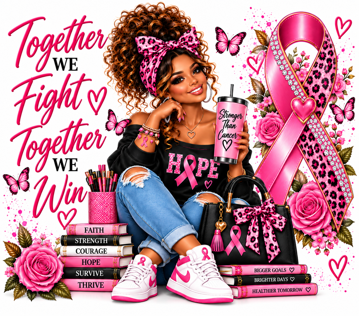 Breast cancer awareness tumbler wrap print featuring a woman with curly hair holding a Stronger Than Cancer tumbler with pink ribbon, roses, and butterflies