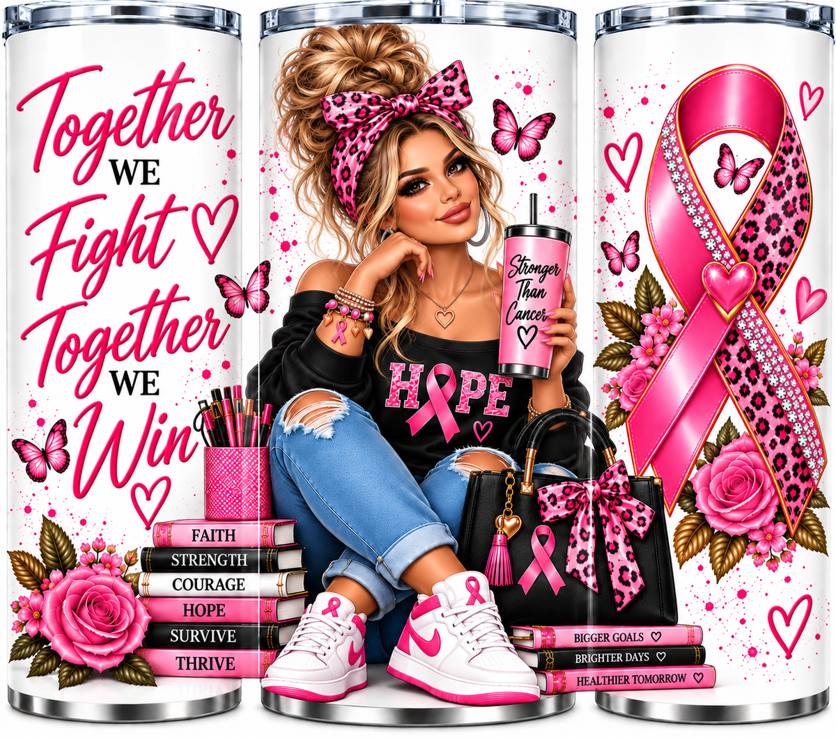 Breast cancer awareness tumbler wrap design featuring a blonde woman holding a Stronger Than Cancer tumbler with a pink ribbon print and empowering messages