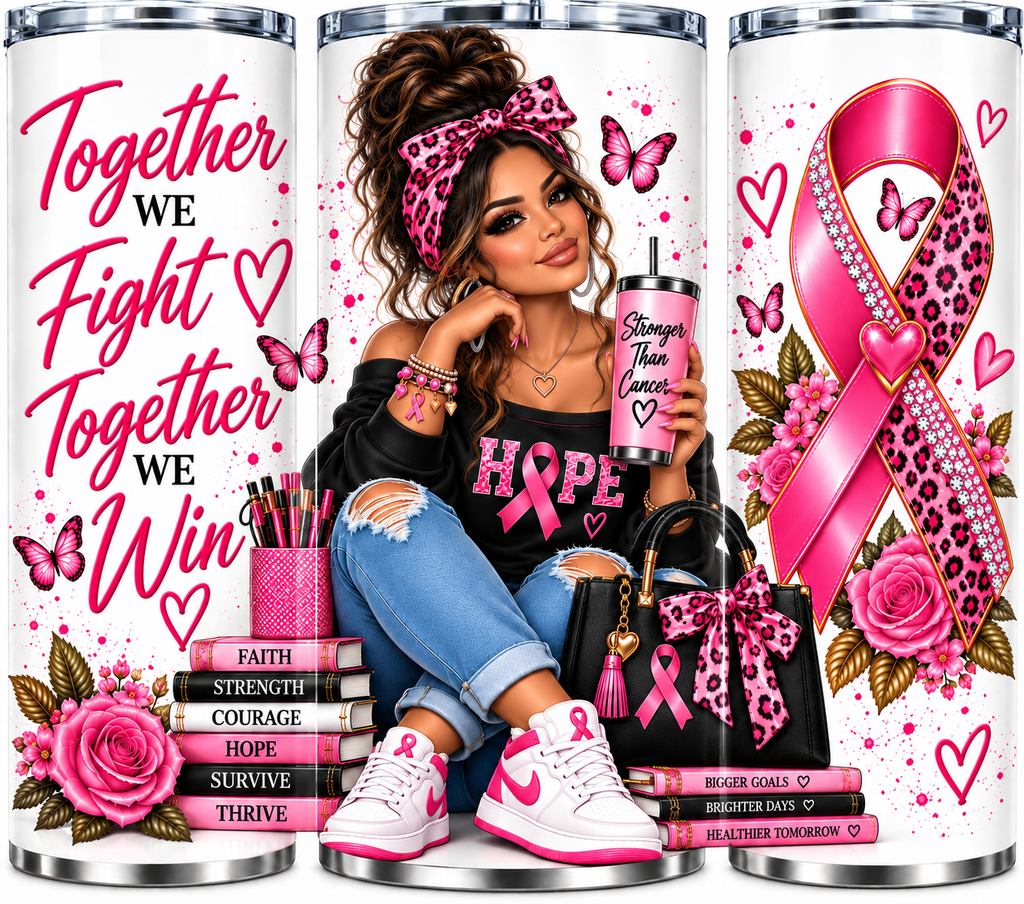 Breast cancer awareness tumbler wrap design featuring a Latina woman holding a Stronger Than Cancer tumbler with a pink leopard print ribbon