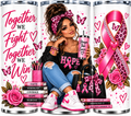 Breast cancer awareness tumbler wrap design featuring a Latina woman holding a Stronger Than Cancer tumbler with a pink leopard print ribbon