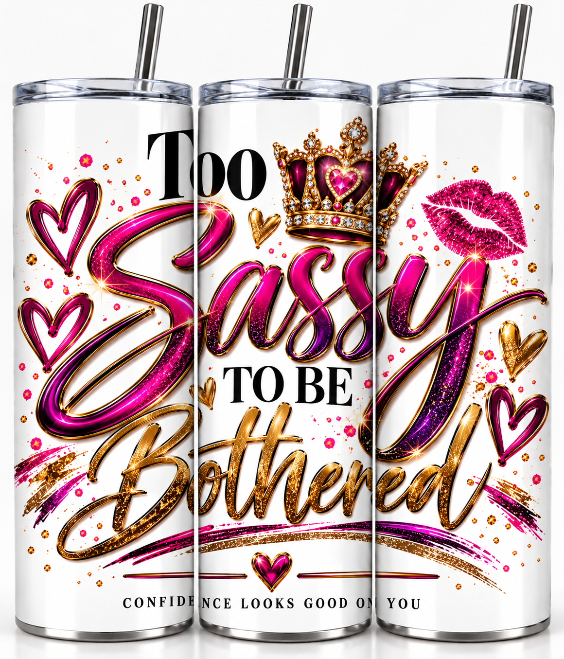 Too Sassy To Be Bothered 20 oz tumbler design with crown and glitter lip accents