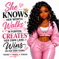 She Knows Her Worth empowerment sublimation print with melanin queen in pink tracksuit