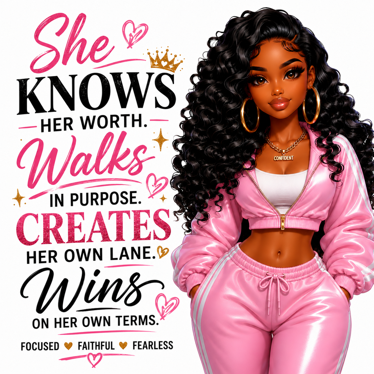 She Knows Her Worth empowerment sublimation print with melanin queen in pink tracksuit
