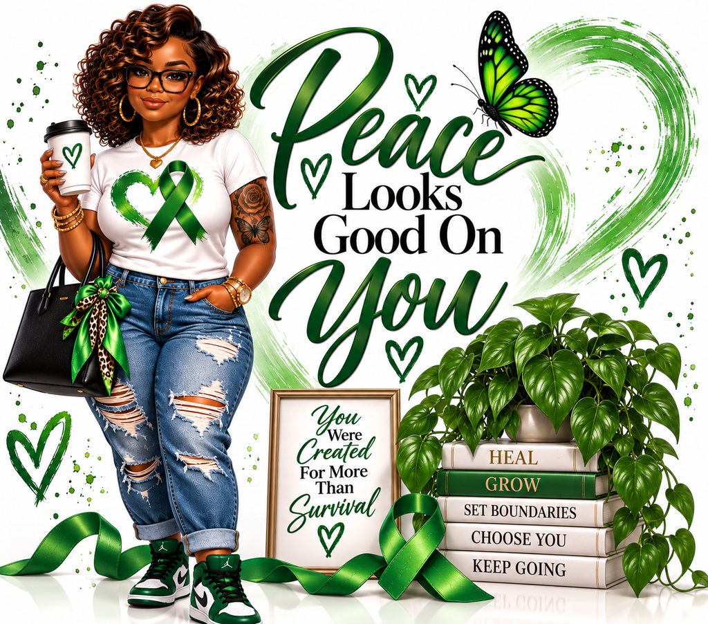 Mental health awareness tumbler wrap design featuring a stylish queen, green ribbon heart, and empowering quotes