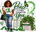 Mental health awareness tumbler wrap design featuring a stylish queen, green ribbon heart, and empowering quotes