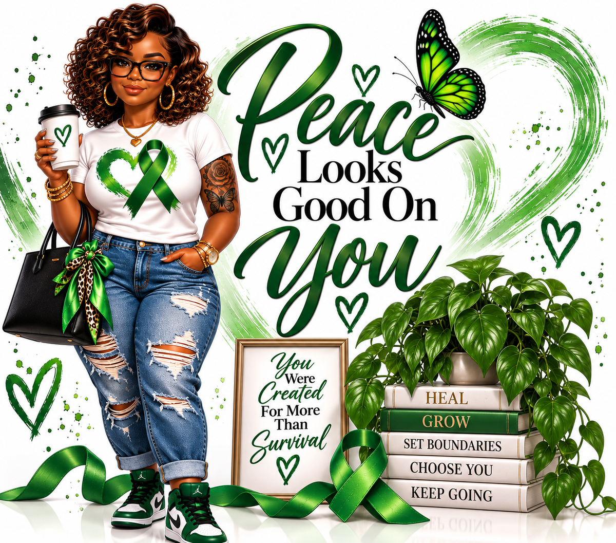 Mental health awareness tumbler wrap design featuring a stylish queen, green ribbon heart, and empowering quotes