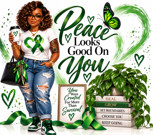 Mental health awareness tumbler wrap design featuring a stylish queen, green ribbon heart, and empowering quotes